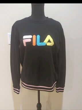 FILA Black Crewneck Sweatshirt with Pink, Orange, Blue & Yellow Logo